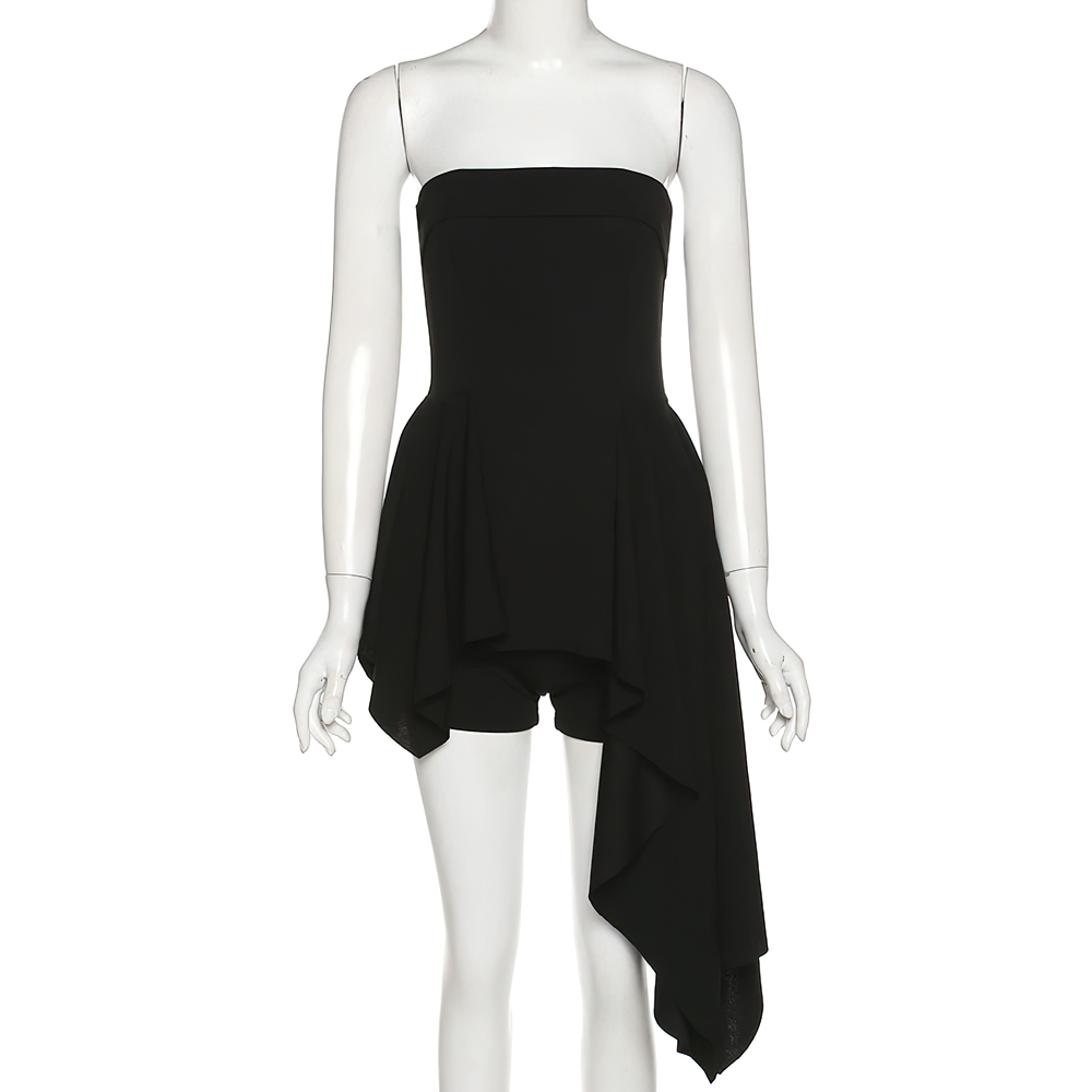 Stylish black strapless asymmetrical mini dress with shorts for women, perfect for casual chic outfits.