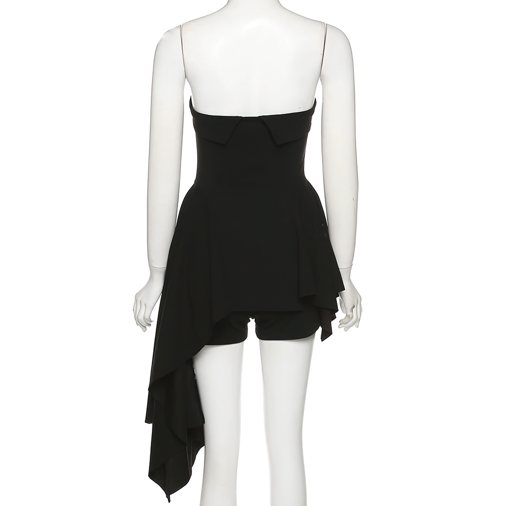 Sexy Black Women's Asymmetrical Dress / Fashion Beautiful Strapless Mini Dress with Shorts