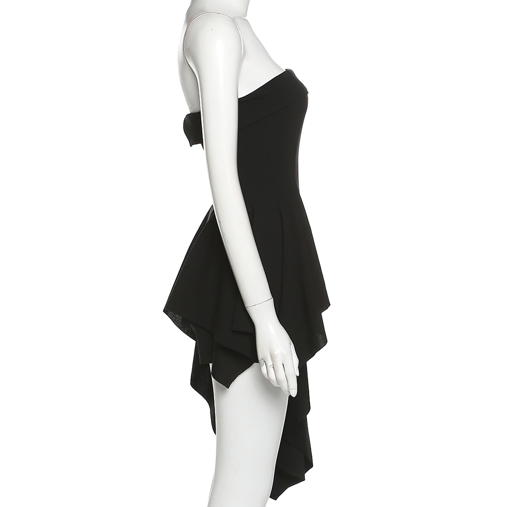 Side view of a stylish sexy black asymmetrical strapless mini dress with shorts for women.
