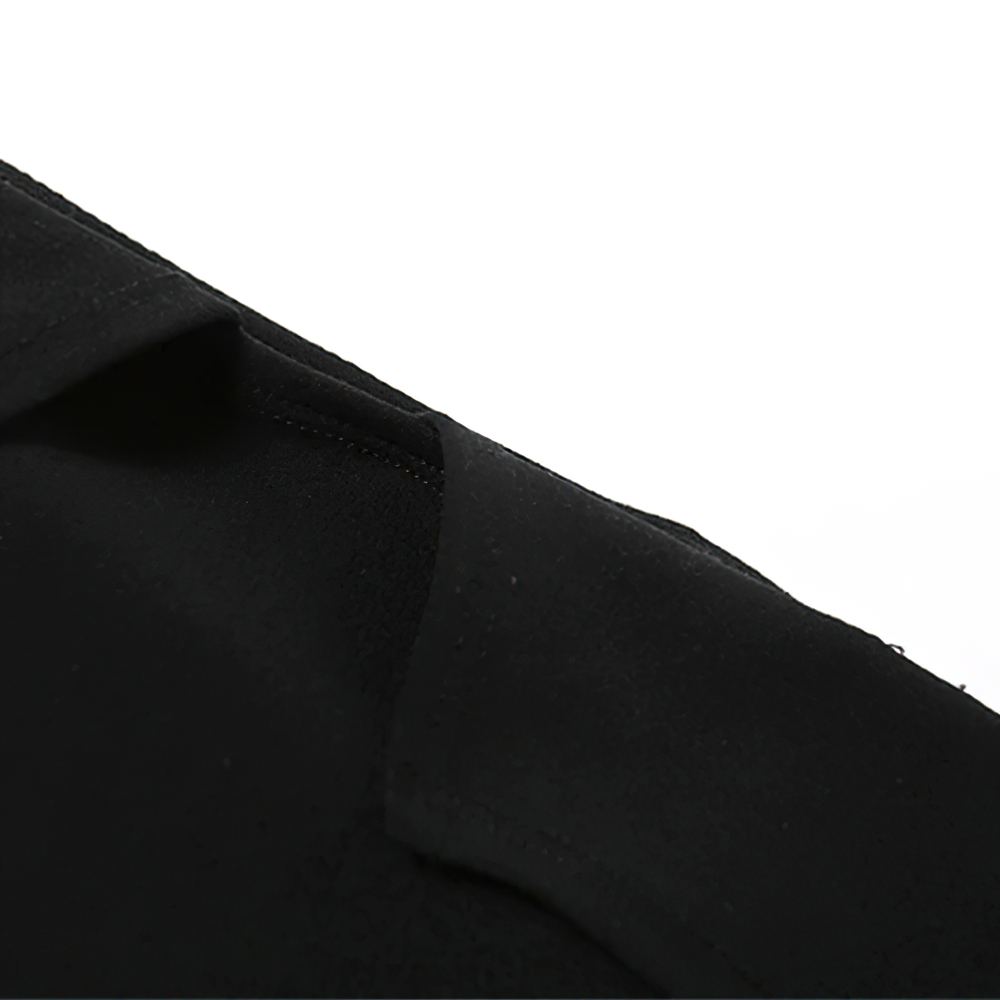 Close-up of the stylish strapless asymmetrical black dress fabric showcasing its sleek design and texture.