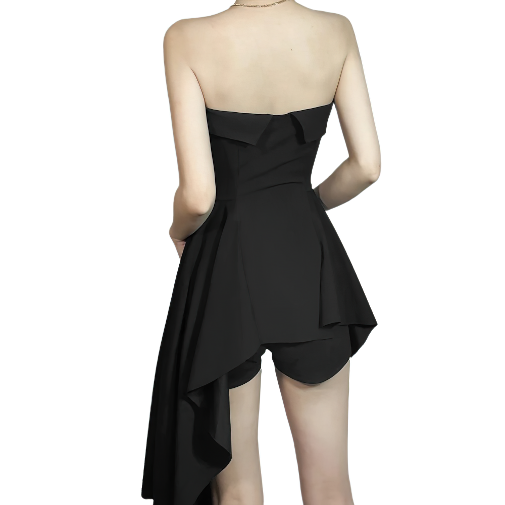 Stylish black women's asymmetrical strapless mini dress with shorts, perfect for casual fashion looks.