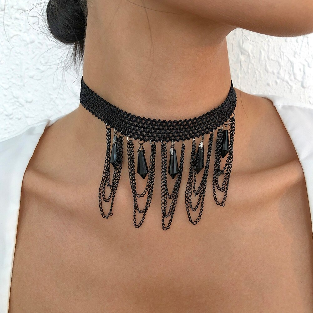 Elegant black rhinestone choker necklace with cascading chains, perfect for a steampunk style outfit.