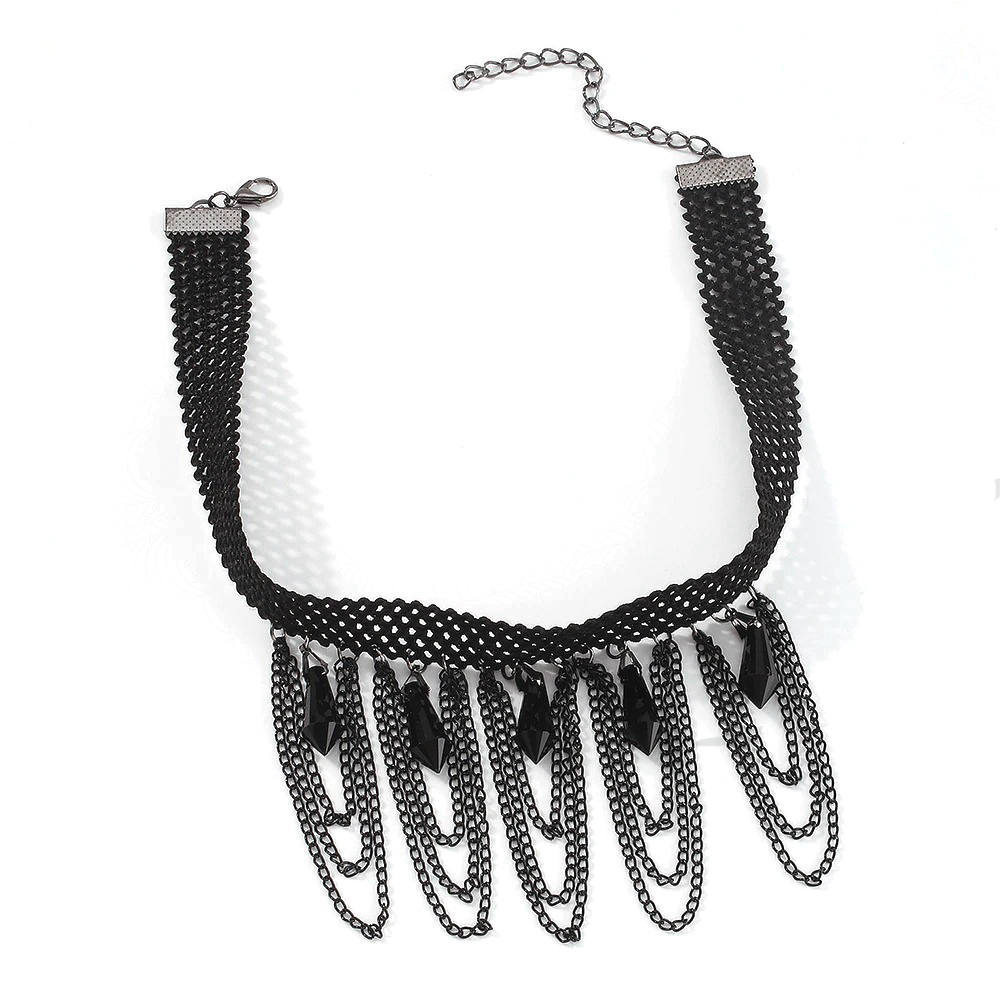 Stylish black women's hanging rhinestone necklace, showcasing a vintage steampunk design with chic tiered chains.
