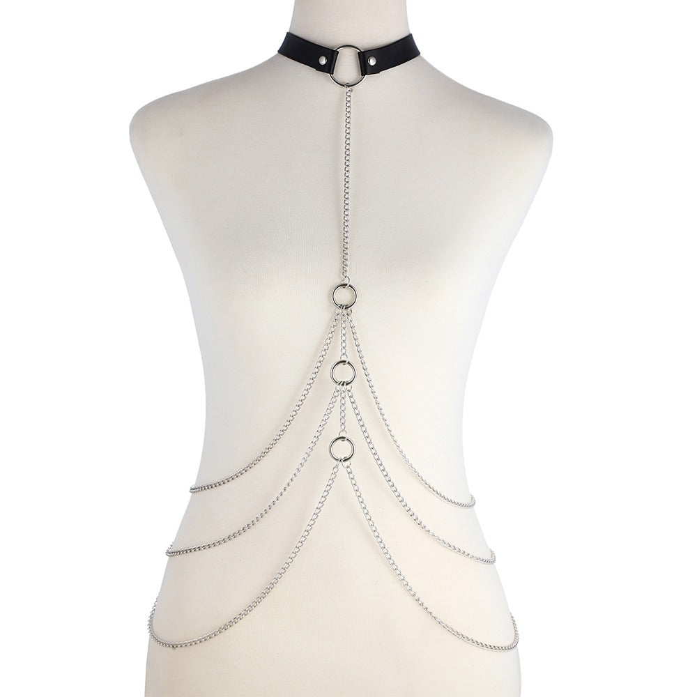 Sexy Body Harness With Metal Chain / Aluminum Jewellery With Faux Leather Collar - HARD'N'HEAVY