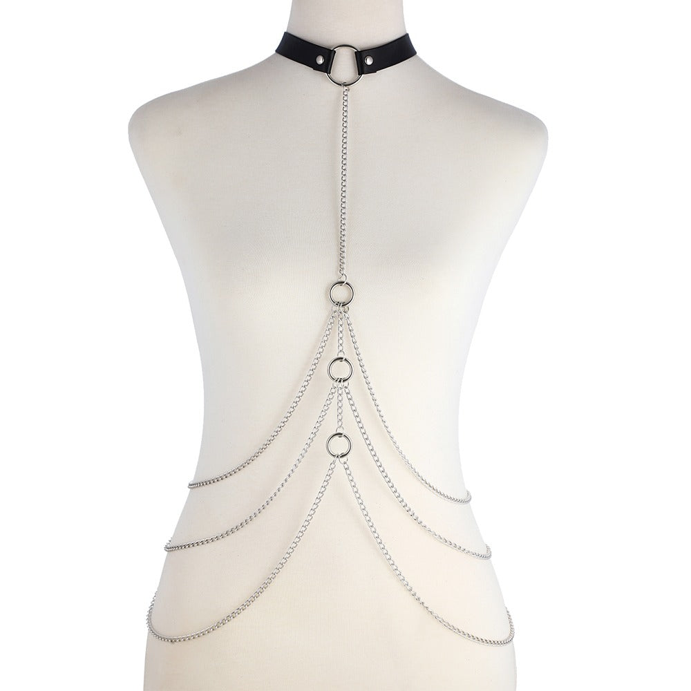 Elegant body harness with black faux leather collar and aluminum chains, perfect for gothic or punk fashion.