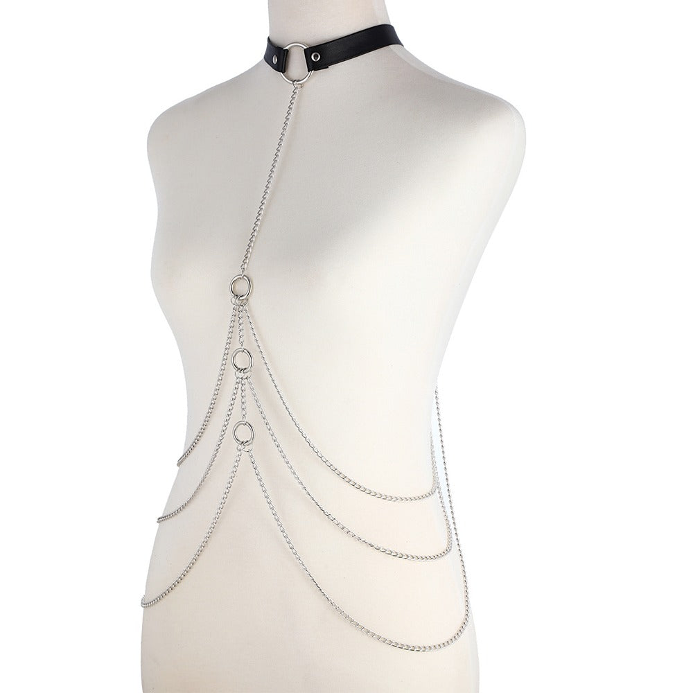Sexy body harness with metal chains, faux leather collar, perfect for punk and goth styles.