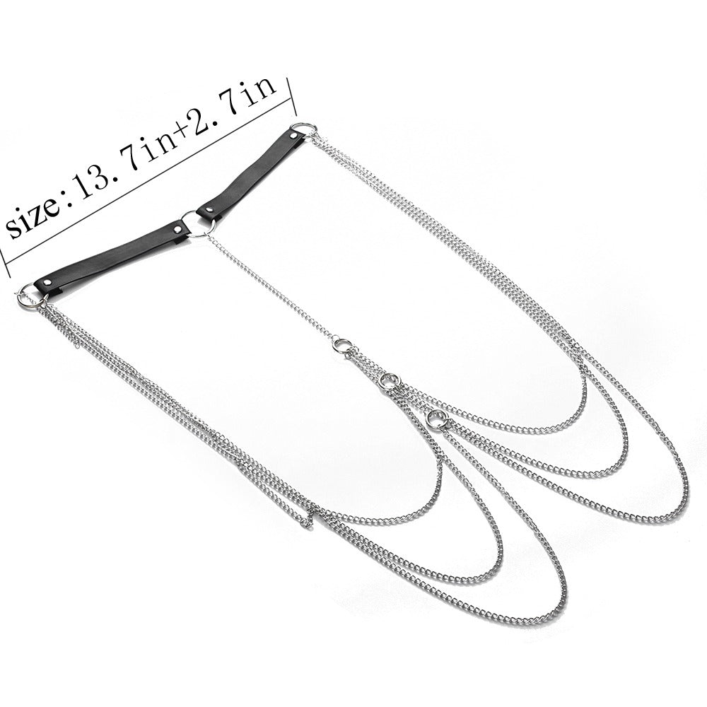 Elegant sexy body harness with aluminum chains and faux leather, perfect for punk and goth styles.