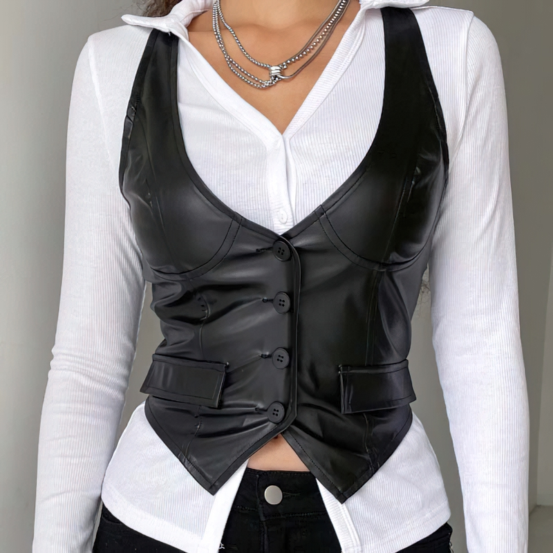 Sexy Bodycon Black PU Leather Cropped Vest For Women / Gothic Waistcoat Of Buttons - HARD'N'HEAVY
