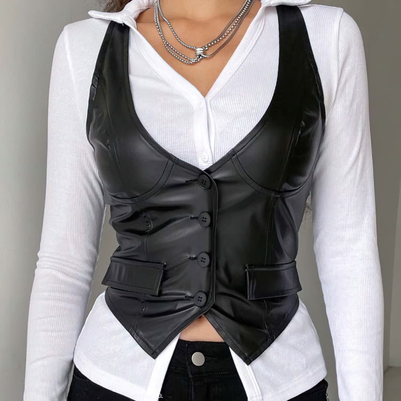 Women's sexy black PU leather cropped vest, gothic style with buttons, perfect for adding edge to any outfit.
