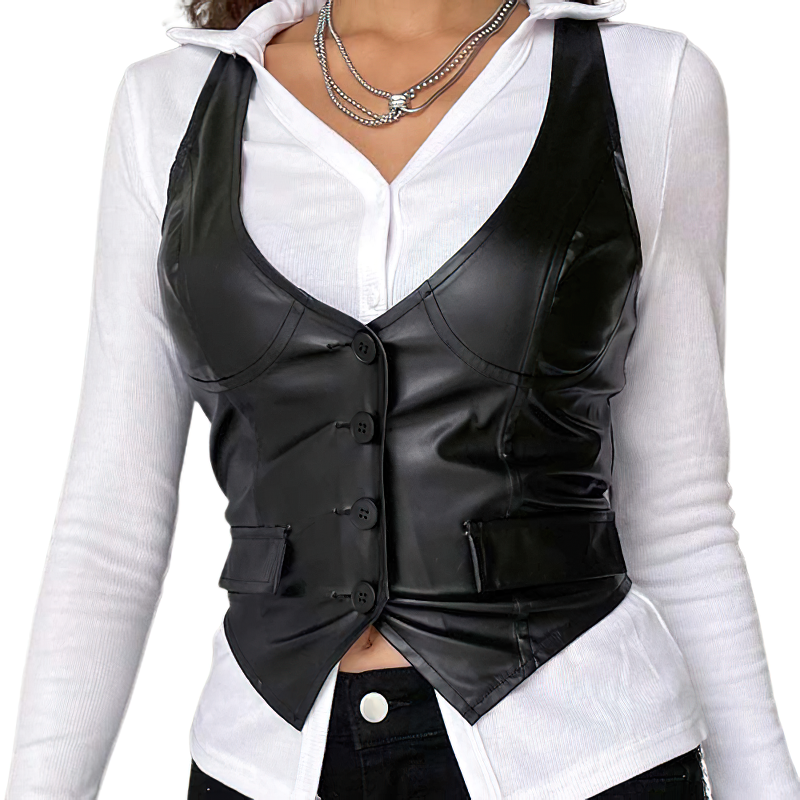 Women's sexy black PU leather cropped vest showcasing gothic style and button details, perfect for a chic outfit.