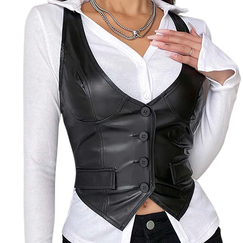Women's sexy black PU leather cropped vest with buttons, showcasing a gothic style and flattering fit.
