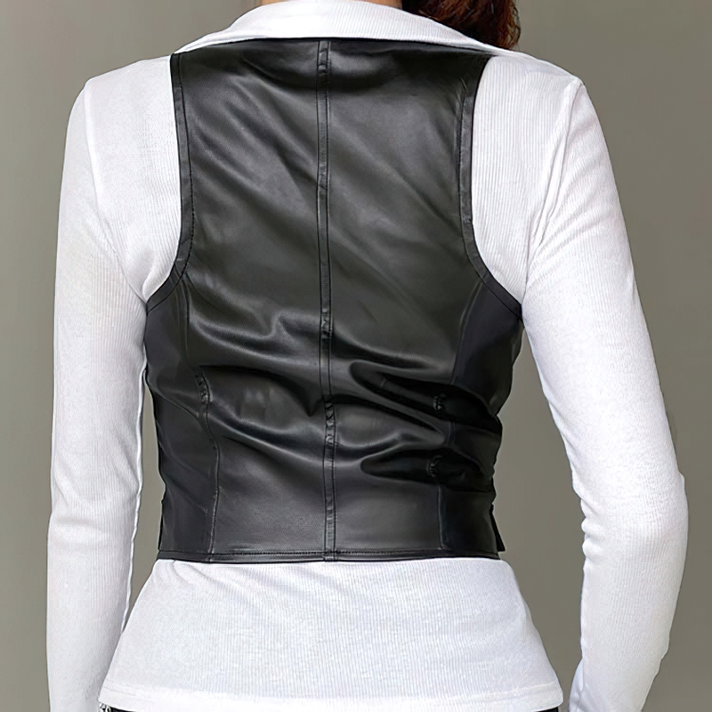 Sexy Bodycon Black PU Leather Cropped Vest For Women / Gothic Waistcoat Of Buttons - HARD'N'HEAVY