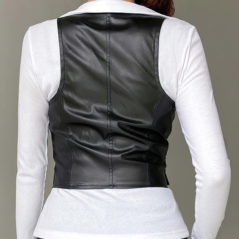 Back view of a women's black PU leather cropped vest, showcasing its sleek design and gothic style.