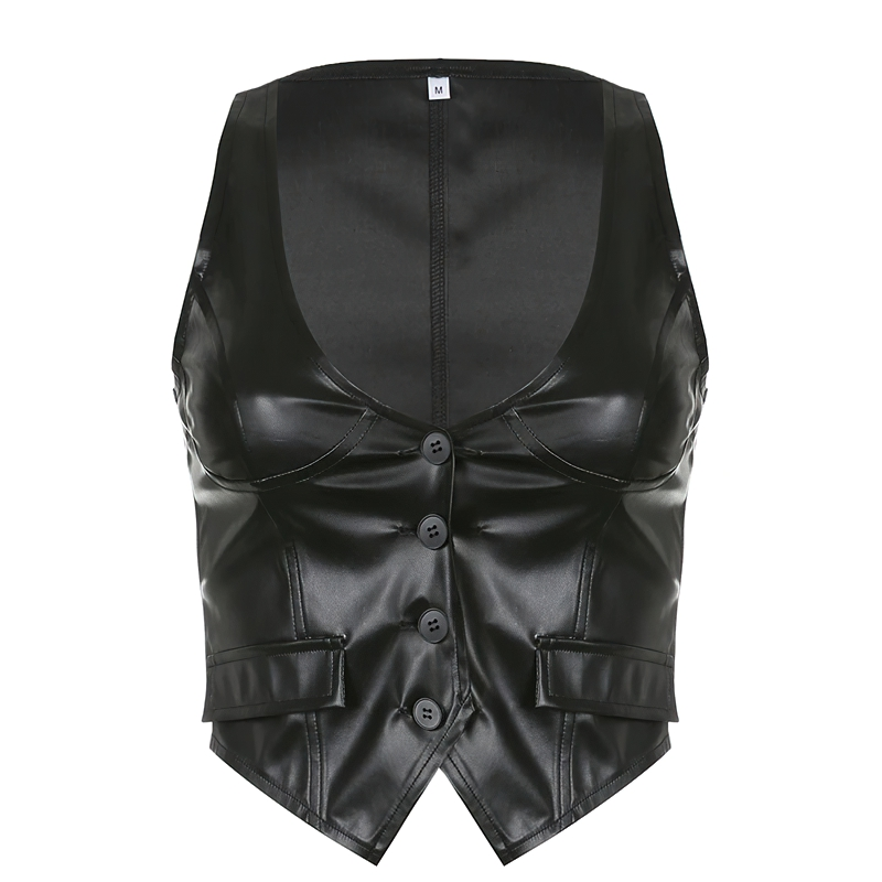 Stylish women's black PU leather cropped vest with buttons in gothic style, perfect for a chic wardrobe.