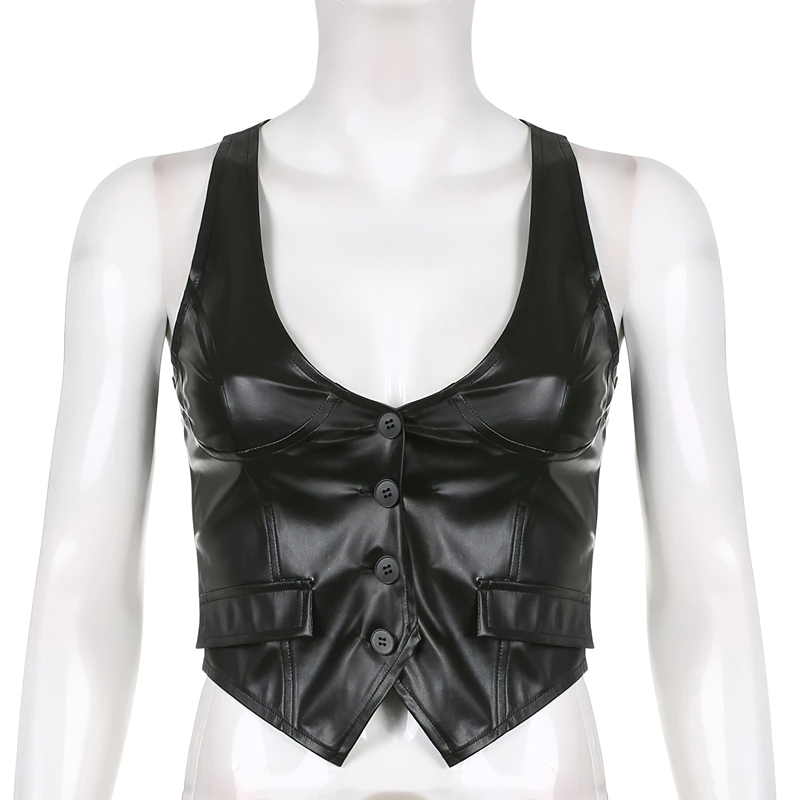 Gothic style women's black PU leather cropped vest with buttons, perfect for a stylish and trendy look.