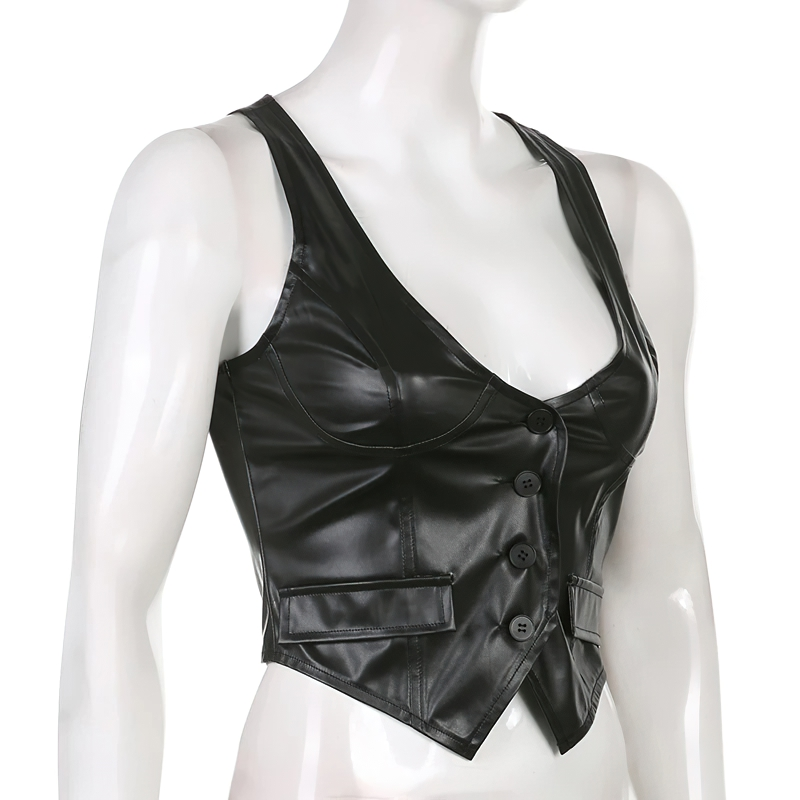 Sexy black PU leather cropped vest for women, featuring a gothic style and button details, perfect for edgy fashion.