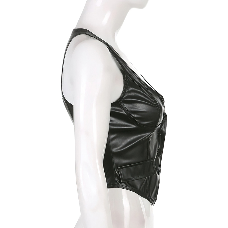 Side view of a sexy black PU leather cropped vest for women, showcasing gothic style with button details.