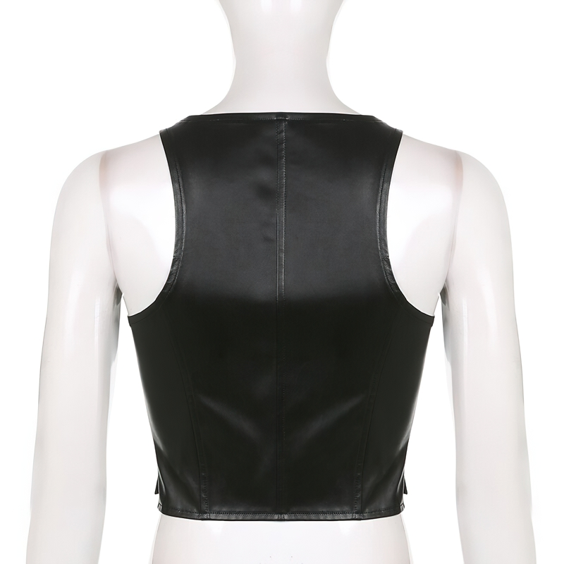 Back view of women's black PU leather cropped vest, showcasing gothic style and stylish cut for a flattering fit.