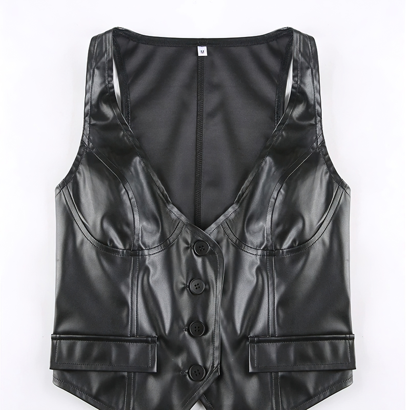 Black PU leather cropped vest for women with buttons, perfect for gothic style fashion.