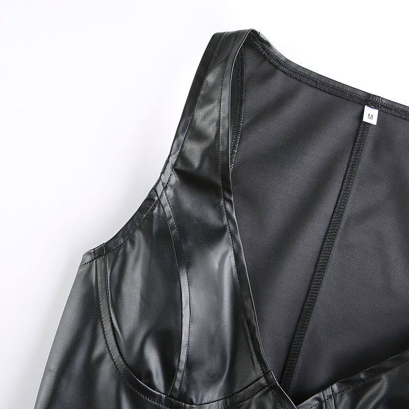 Close-up of a black PU leather cropped vest for women, highlighting its sleek gothic design and stylish cut.