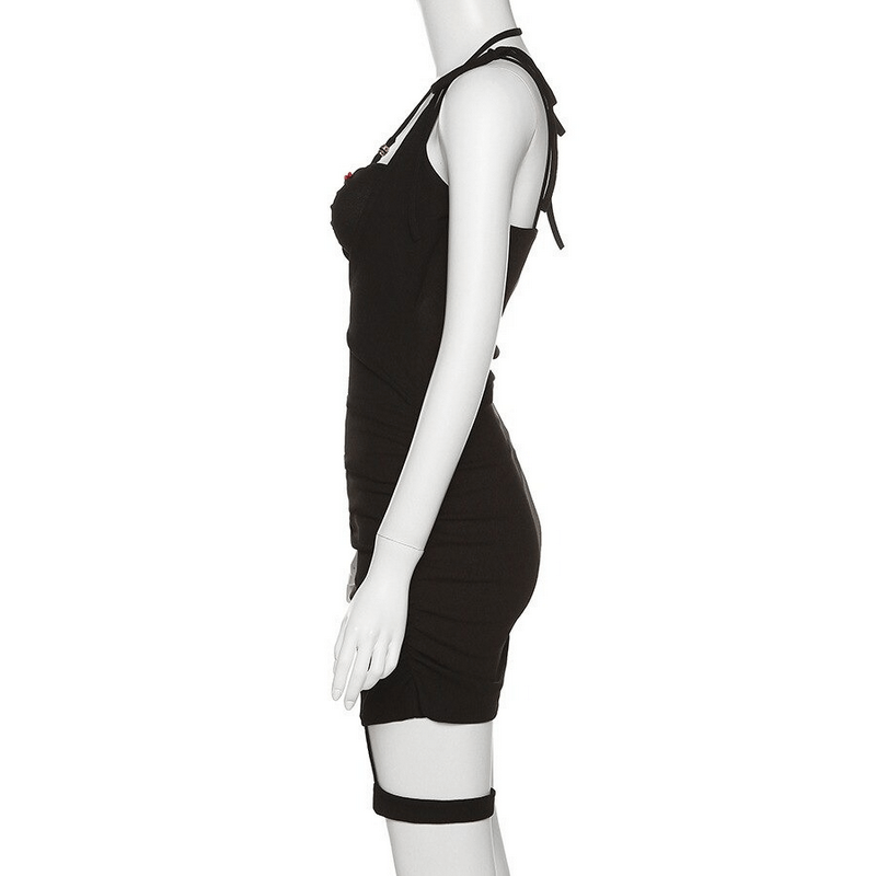 Sexy Bodycon Dress with Garter / Women's Black Mini Dress with Decorative Red Fasteners Sexy Bodycon Dress with Garter / Women's Black Mini Dress with Decorative Red Fasteners