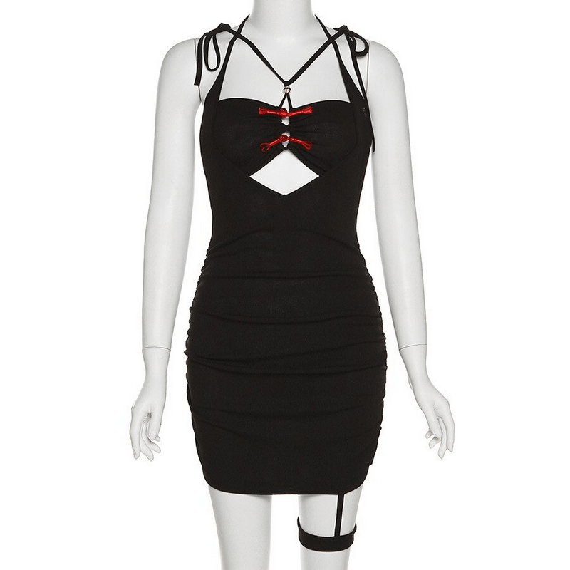 Sexy Bodycon Dress with Garter / Women's Black Mini Dress with Decorative Red Fasteners Sexy Bodycon Dress with Garter / Women's Black Mini Dress with Decorative Red Fasteners