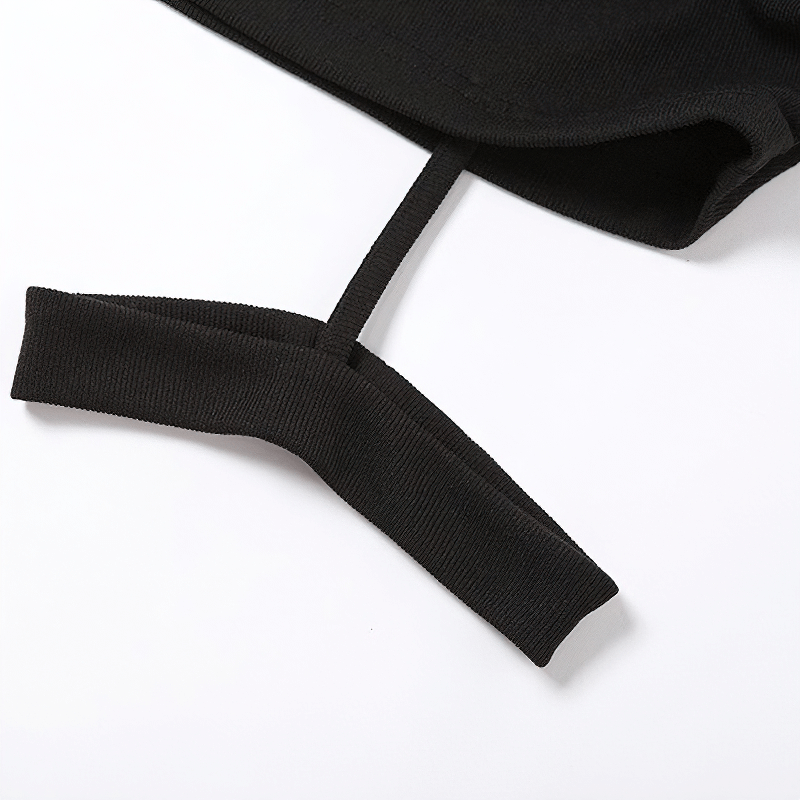 Close-up of a women's black bodycon dress featuring a decorative garter detail for a stylish gothic look.