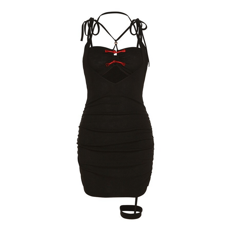 Sexy Bodycon Dress with Garter / Women's Black Mini Dress with Decorative Red Fasteners