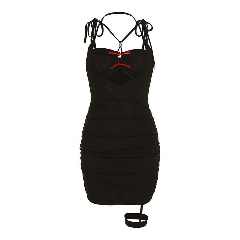 Sexy Bodycon Dress with Garter / Women's Black Mini Dress with Decorative Red Fasteners Sexy Bodycon Dress with Garter / Women's Black Mini Dress with Decorative Red Fasteners
