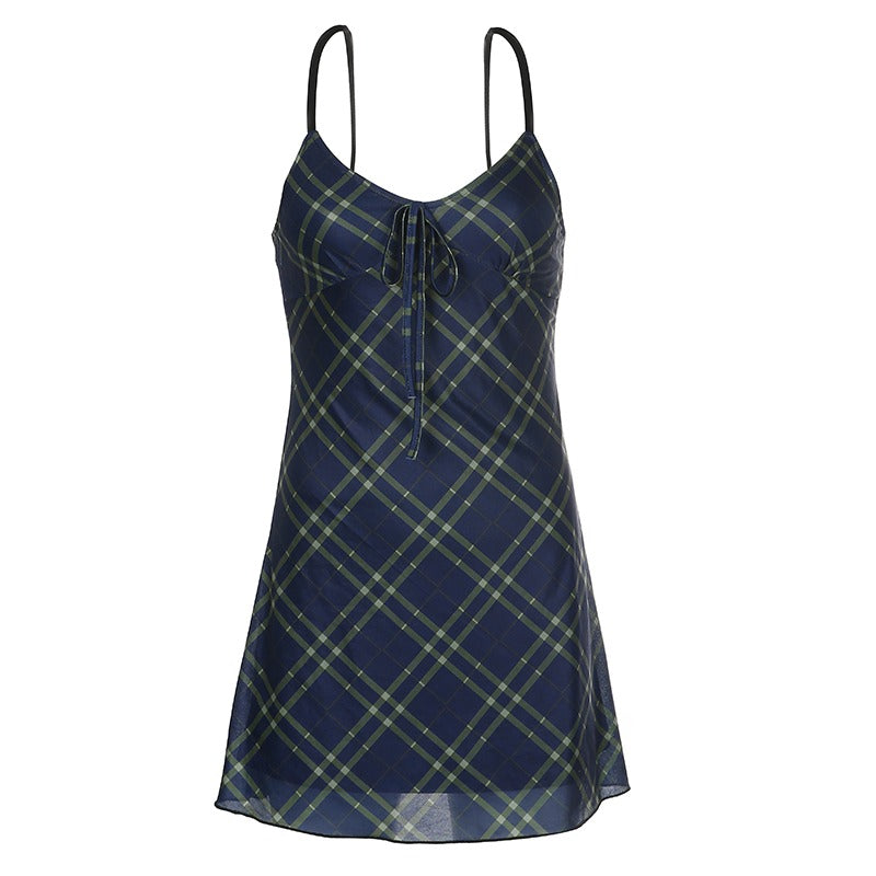 Sexy Bow Lace-Up Mini Dress in Grunge Style, featuring double-layer mesh and plaid design for trendy women.