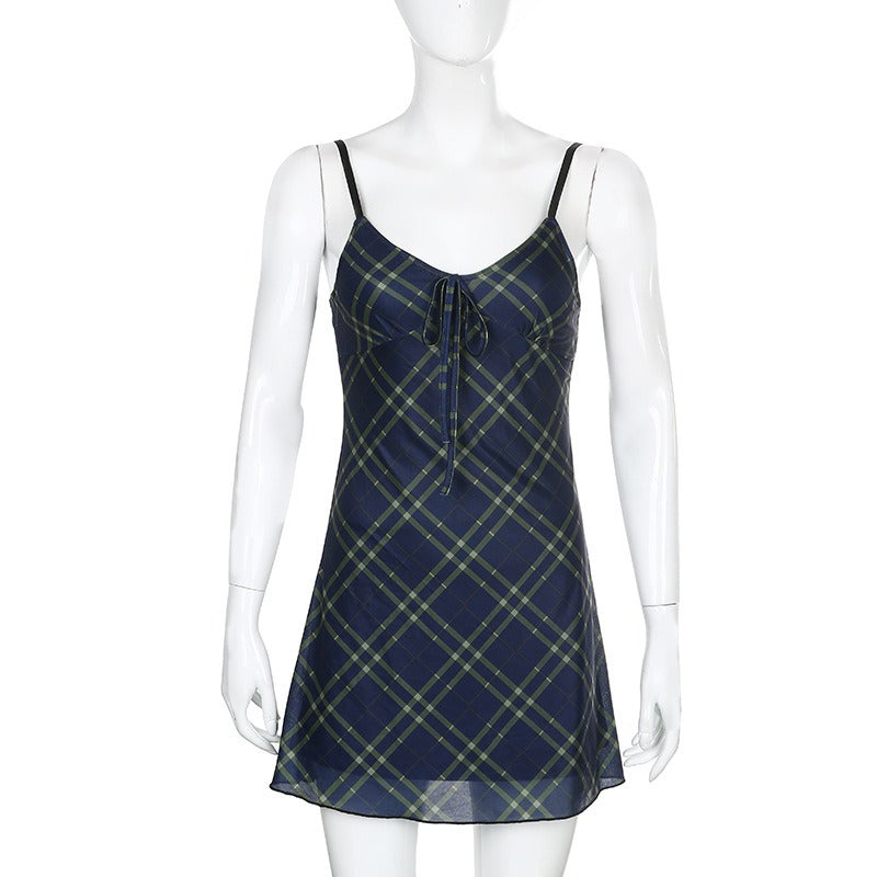 Sexy Bow Lace-Up Mini Dress in Grunge Style / Women Double Layer Mesh Backless Plaid Dress Sexy Bow Lace-Up Mini Dress in Grunge Style / Women Double Layer Mesh Backless Plaid Dress