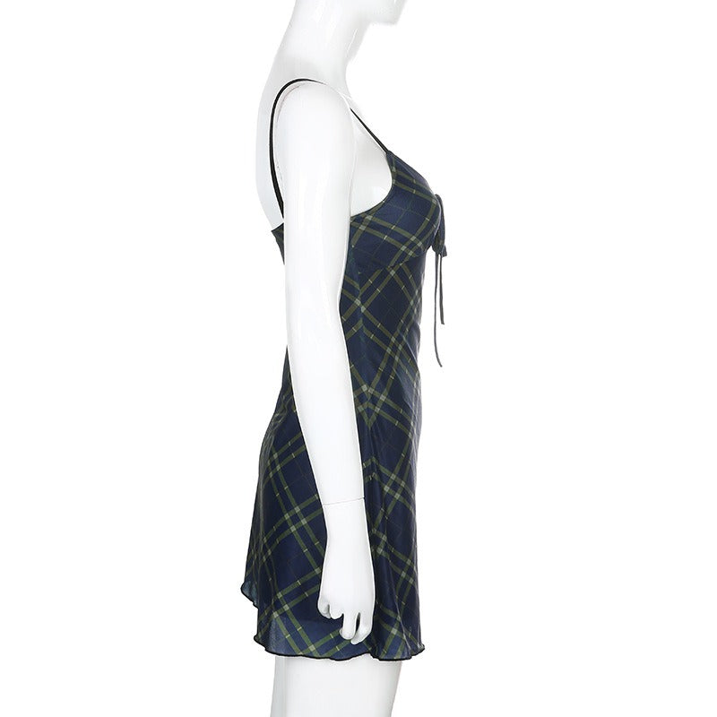 Sexy Bow Lace-Up Mini Dress in Grunge Style / Women Double Layer Mesh Backless Plaid Dress Sexy Bow Lace-Up Mini Dress in Grunge Style / Women Double Layer Mesh Backless Plaid Dress