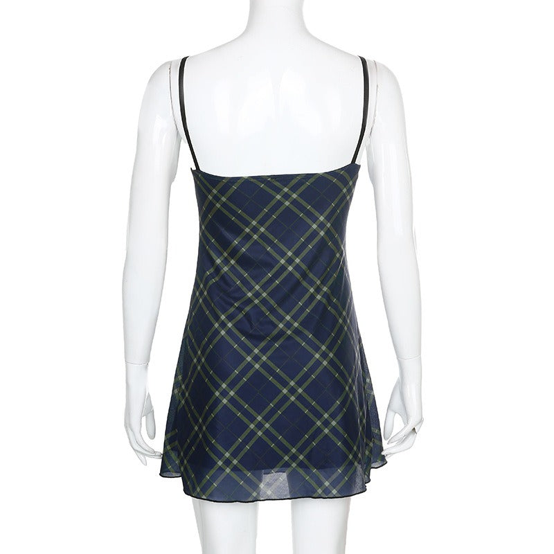 Sexy Bow Lace-Up Mini Dress in Grunge Style / Women Double Layer Mesh Backless Plaid Dress - HARD'N'HEAVY