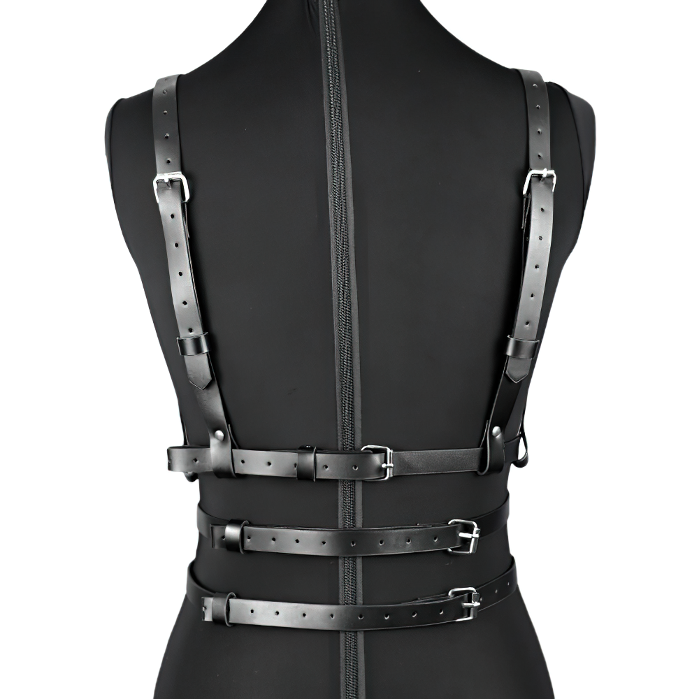 Back view of sexy women's leather harness with adjustable straps, perfect for gothic and bondage styles.