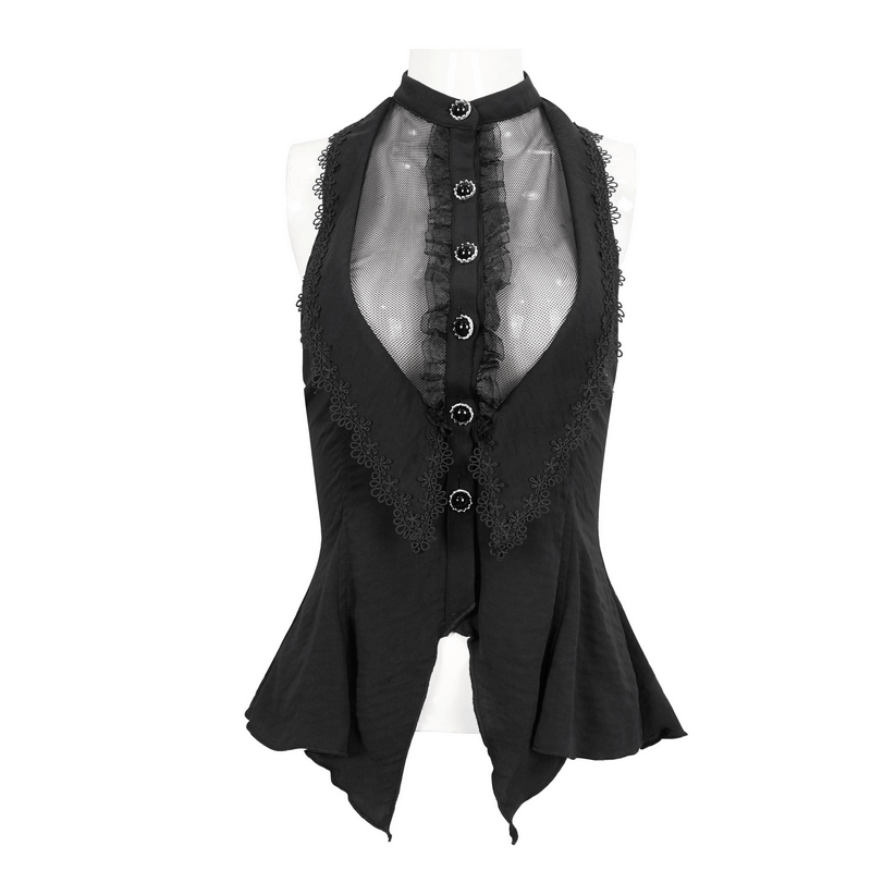 Trendy gothic sleeveless halter blouse with buttons and irregular hemline, perfect for a bold fashion statement.