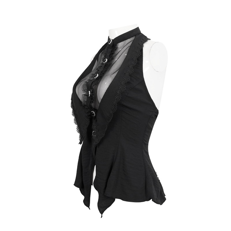 Trendy gothic sleeveless halter blouse with transparent fabric and irregular hemline, perfect for unique styling.