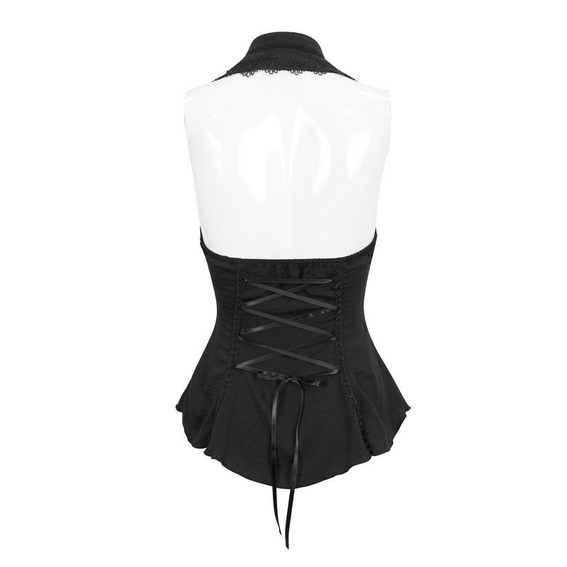 Back view of a sexy sleeveless black halter blouse with lace detailing and stylish irregular hemline.