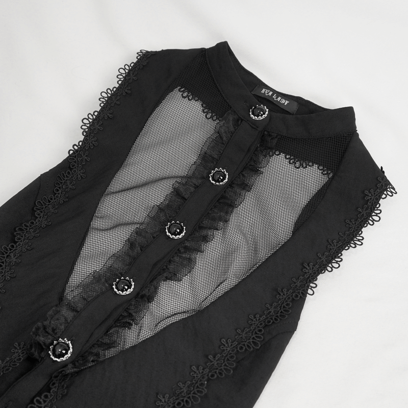 Stylish sleeveless gothic blouse with buttons, lace trim, and mesh detailing, perfect for a trendy gothic wardrobe.