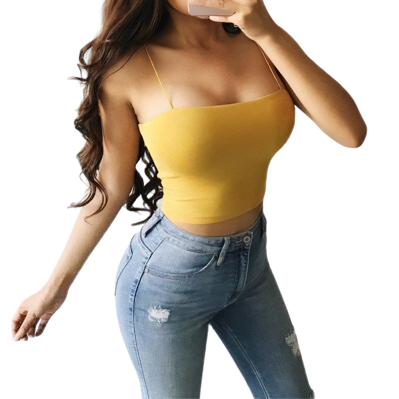 Stylish yellow camis crop top for women, showcasing a casual and trendy look with spaghetti straps.