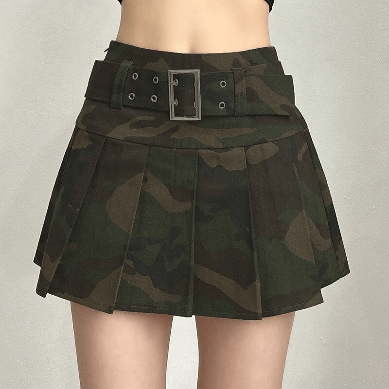 Sexy Camouflage Pleated Mini Skirt with Belt / Women's Alternative Outfits in Military Style - HARD'N'HEAVY