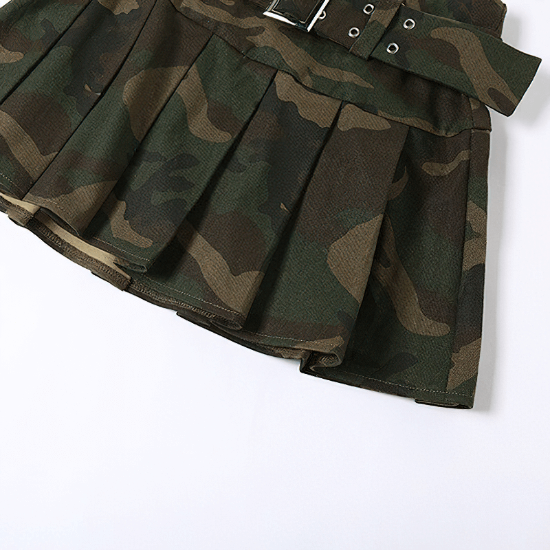 Sexy Camouflage Pleated Mini Skirt with Belt / Women's Alternative Outfits in Military Style