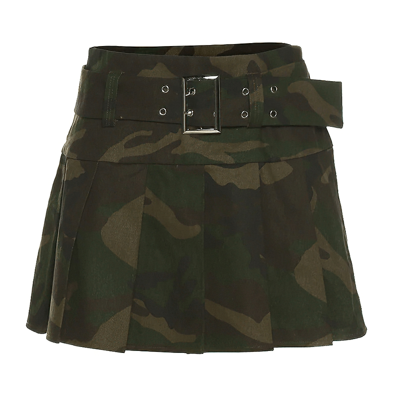 Sexy Camouflage Pleated Mini Skirt with Belt / Women's Alternative Outfits in Military Style