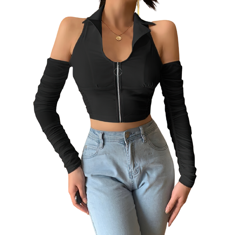 Sexy Casual Women Top on Zipper / Top with Turndown Collar and Long Sleeve - HARD'N'HEAVY