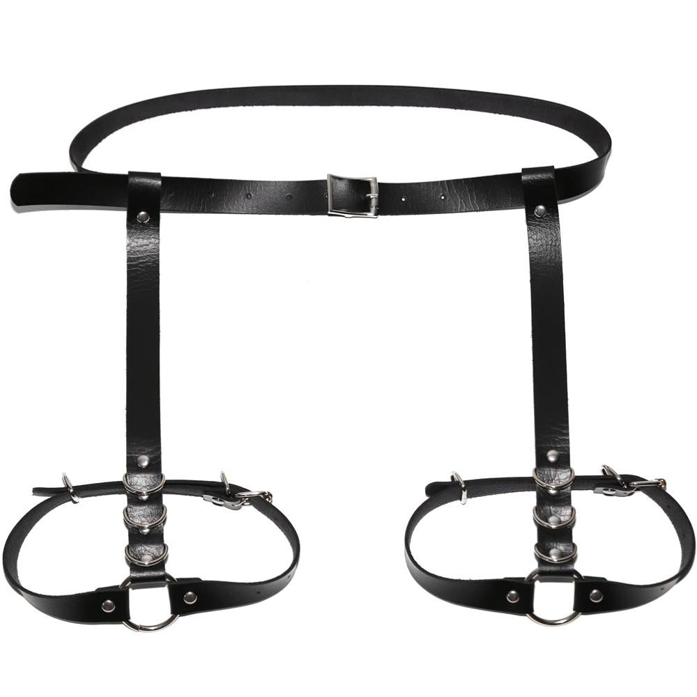 Sexy black leather gothic leg body harness, perfect for bold fashion statements and edgy outfits.