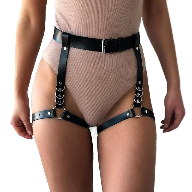 Sexy black leather body harness accentuating curves, ideal for gothic and bondage fashion enthusiasts.