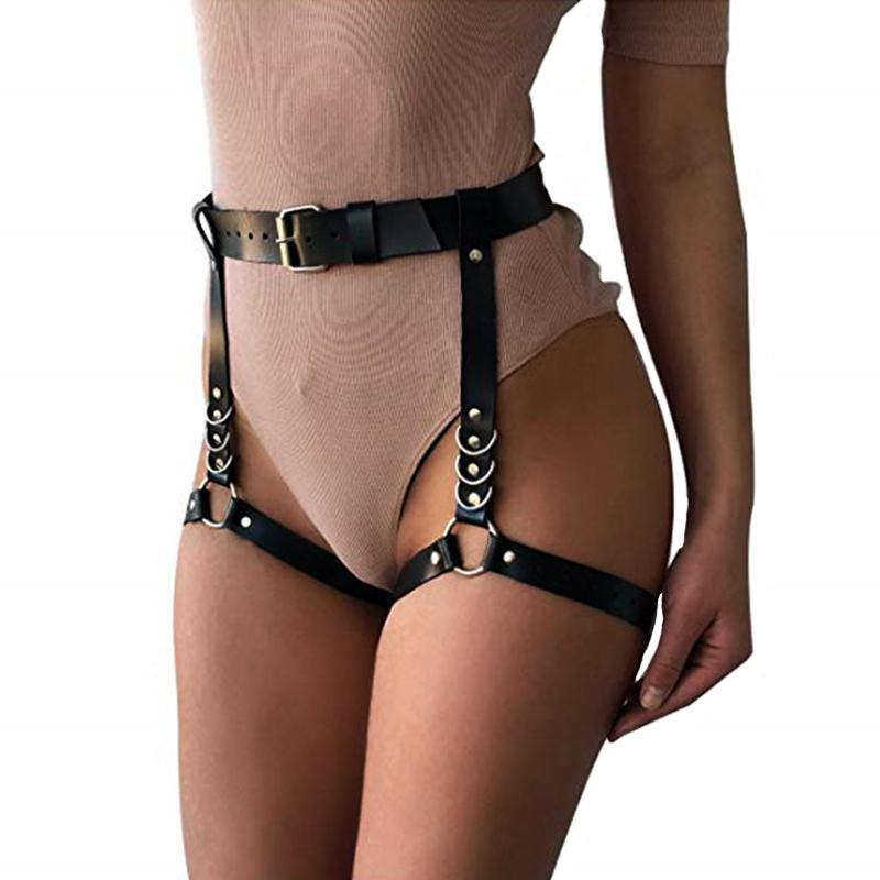 Gothic black leather leg harness highlighting curves, featuring a stylish design for bold outfits and edgy fashion.
