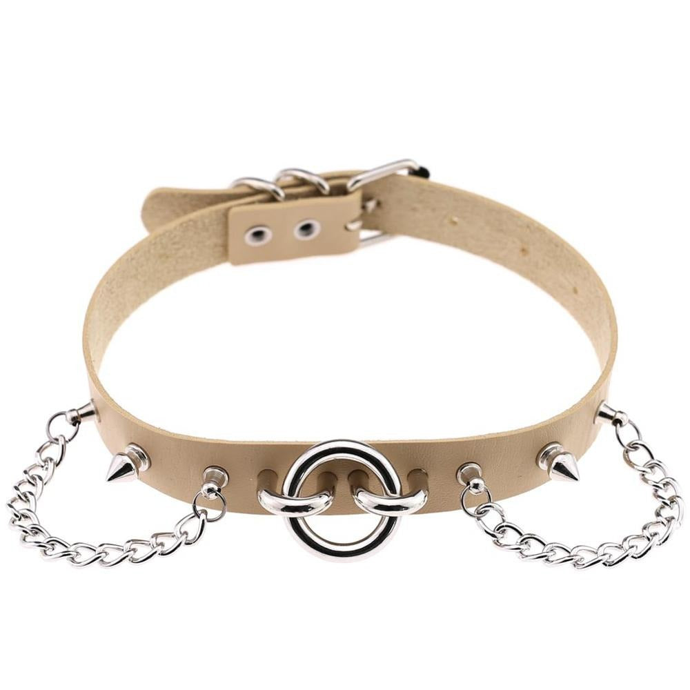 Sexy PU leather collar choker with spikes and chains for a gothic rock style accessory.
