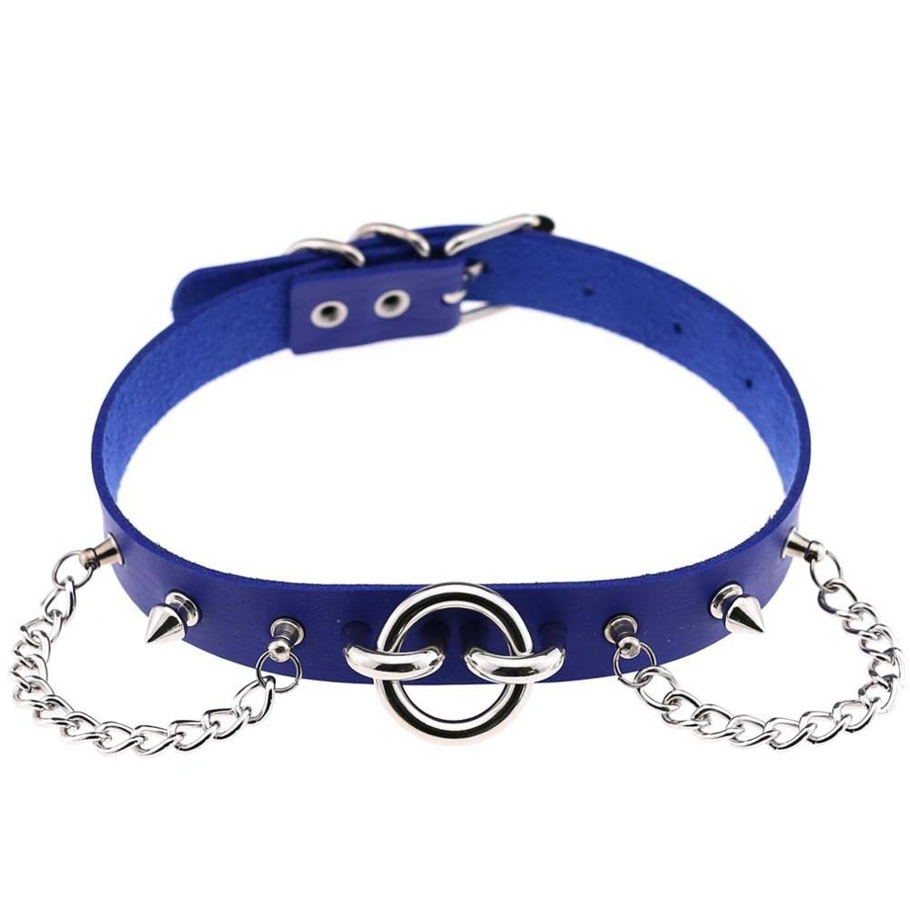 Blue PU leather choker with spikes and chains, perfect for gothic and rock star fashion styles.