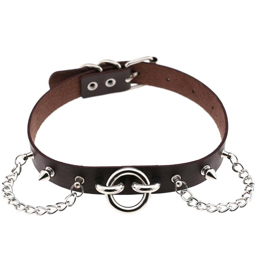 Gothic style choker collar with spikes and chains, made from PU leather, perfect for edgy fashion outfits.