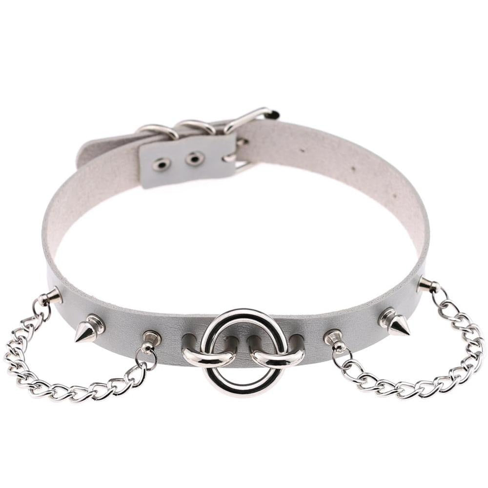 Gothic style sexy collar choker with spikes and chains, perfect for rock star fashion. Made of PU leather and zinc alloy.